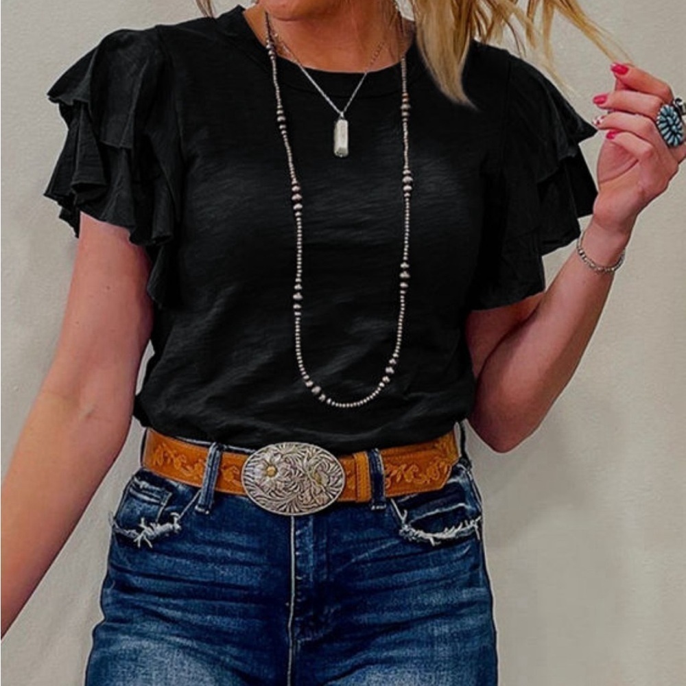 NEW (No Brand) Women’s Black Ruffle Short Sleeve | Size M - Picture 7 of 10